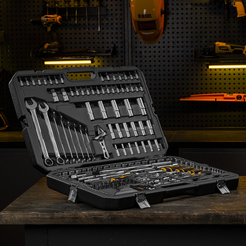 Набор инструментов, 1/2, 1/4, 3/8, CrV, S2, пластиковый кейс, 216 предметов Denzel
