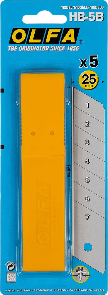 Сегментированные лезвия 25 мм, 5 шт, в пластиковом кейсе + блистер OLFA OL-HB-5B
