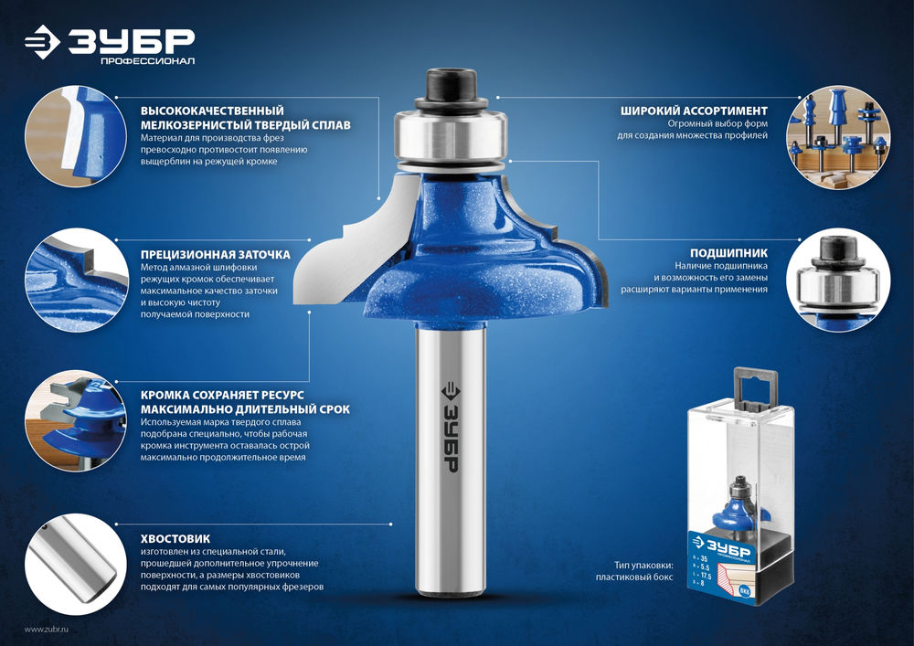 Фреза кромочная фигурная №1 22.2?26 мм радиус 3 мм ЗУБР Профессионал 28712-22.2