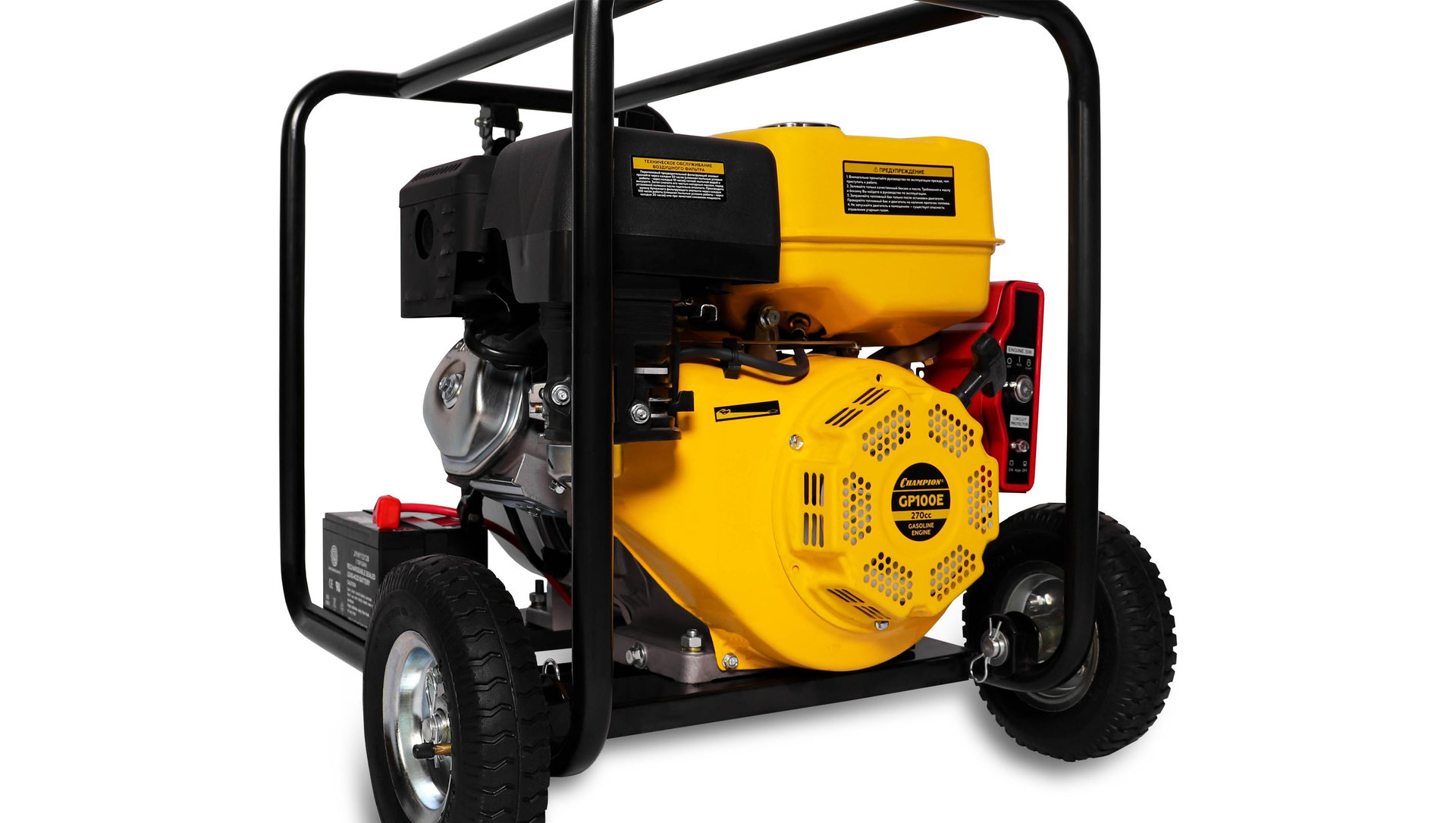 Мотопомпа CHAMPION GP100E (PRO, 4 1800л/мин 6/30 9лс 6,5л 50,1кг эл.стартер, колеса) (GP100E)