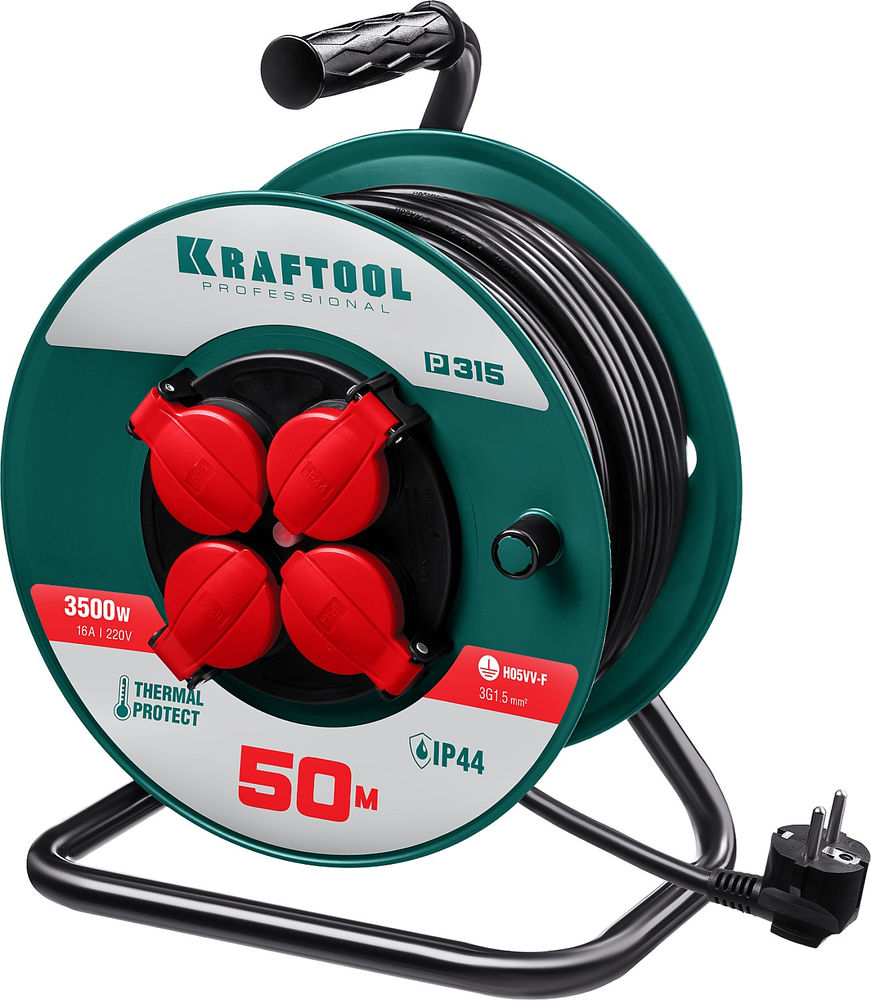 Силовой удлинитель на катушке 3 x 1.5 мм? 50 м P-315 ПВС 3500 Вт IP44 KRAFTOOL 55084-50