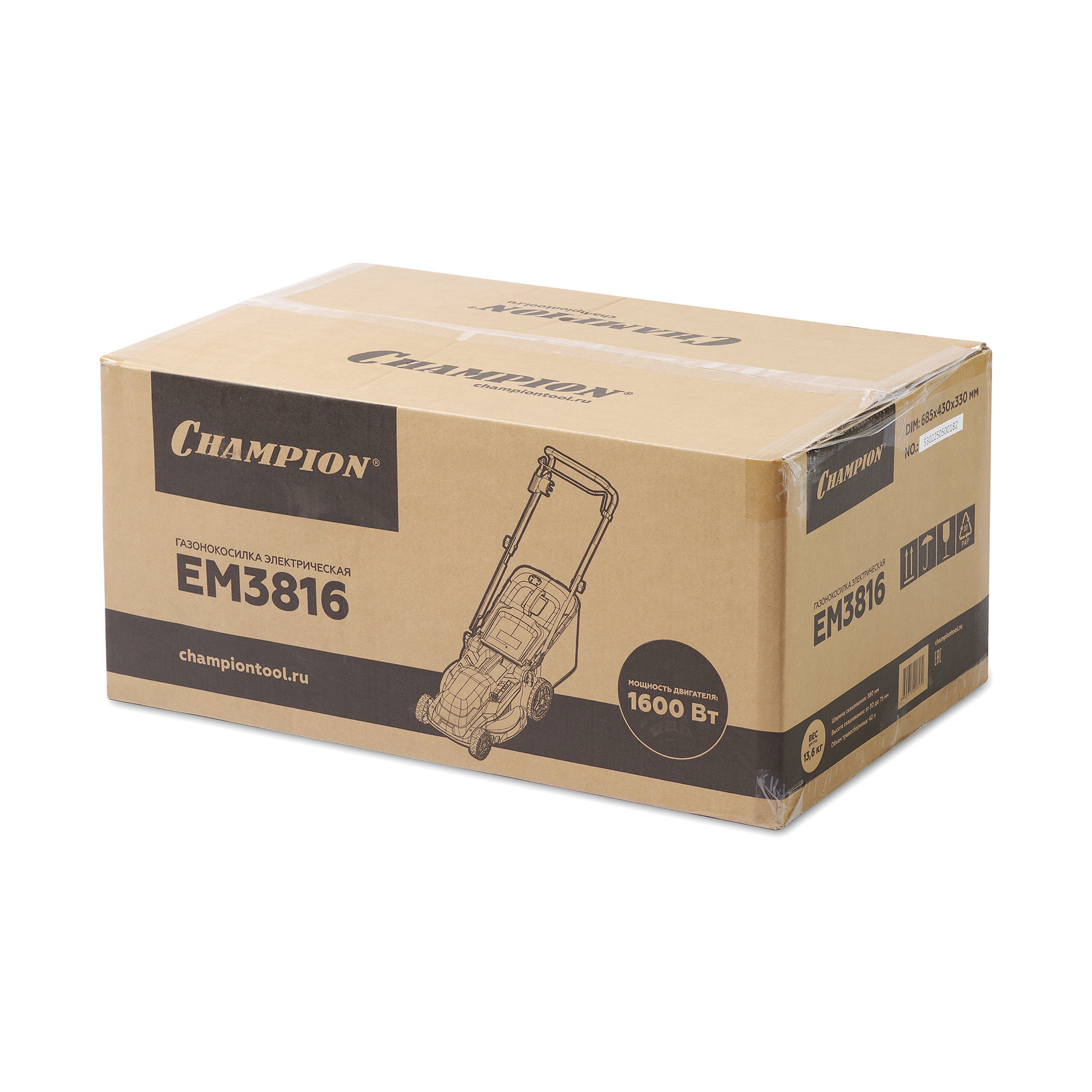 Газонокосилка эл. CHAMPION EM3816 (1,6 кВт пласт.+ткань травосб. 42л ширина 380мм 30-75мм, 11,3кг) (EM3816)