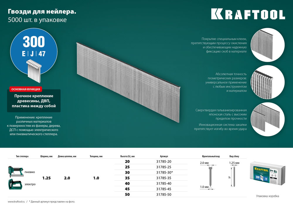 Гвозди тип 300 (47/J/F), 20 мм, калибр 18GA, 5000 шт KRAFTOOL 31785-20