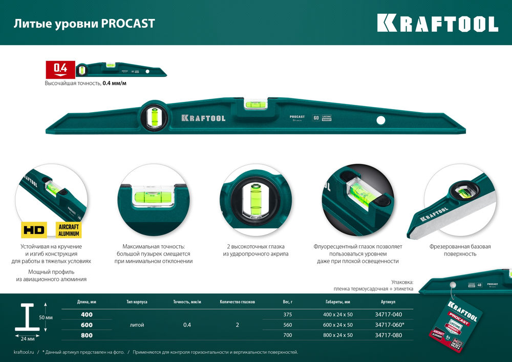 Литой уровень PROCAST, 400 мм KRAFTOOL 34717-040