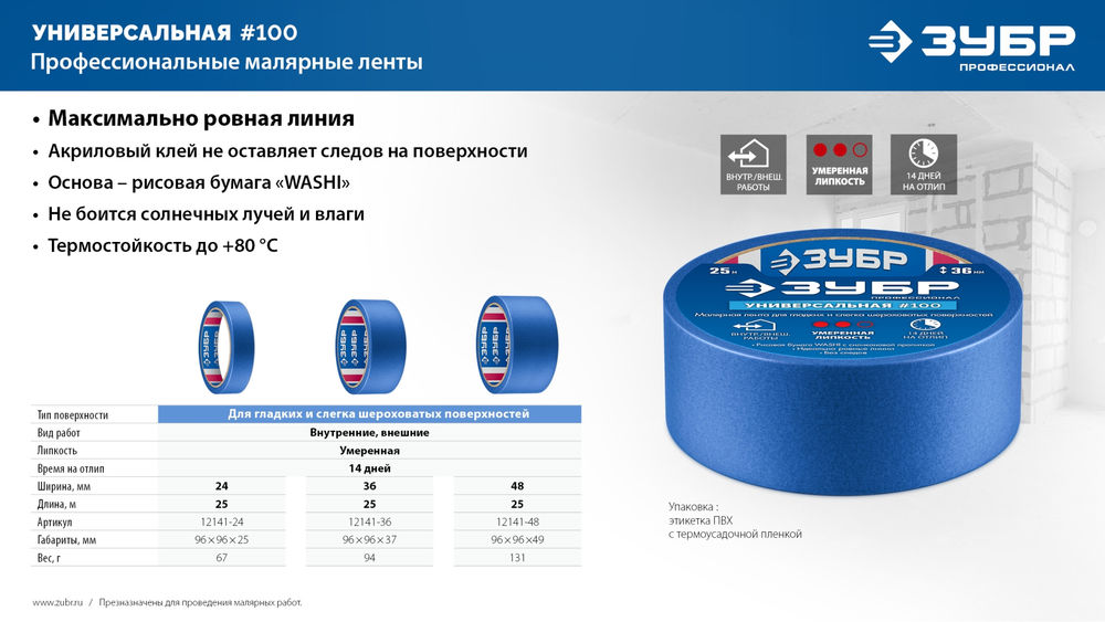 Лента малярная №100, 36 мм x 25 м, для гладких и слегка шероховатых поверхностей ЗУБР Профессионал 12141-36