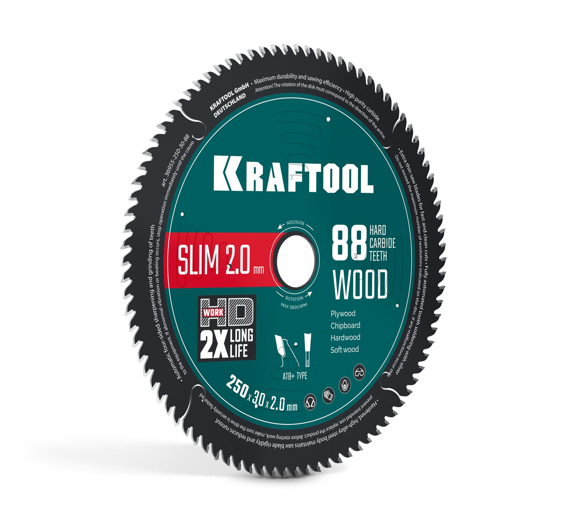Диск пильный по дереву Slim wood cut, 250 х 30 x 2.0 мм, 88Т KRAFTOOL 36955-250-30-88