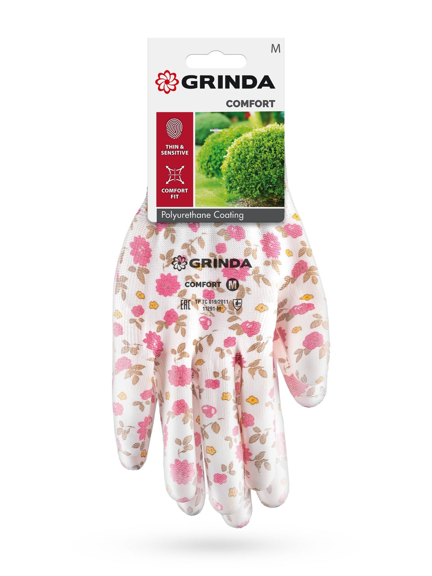GRINDA COMFORT, M (8), садовые перчатки с прозрачным полиуретановым покрытием, розовые, 13 класс (11291-M_z01)