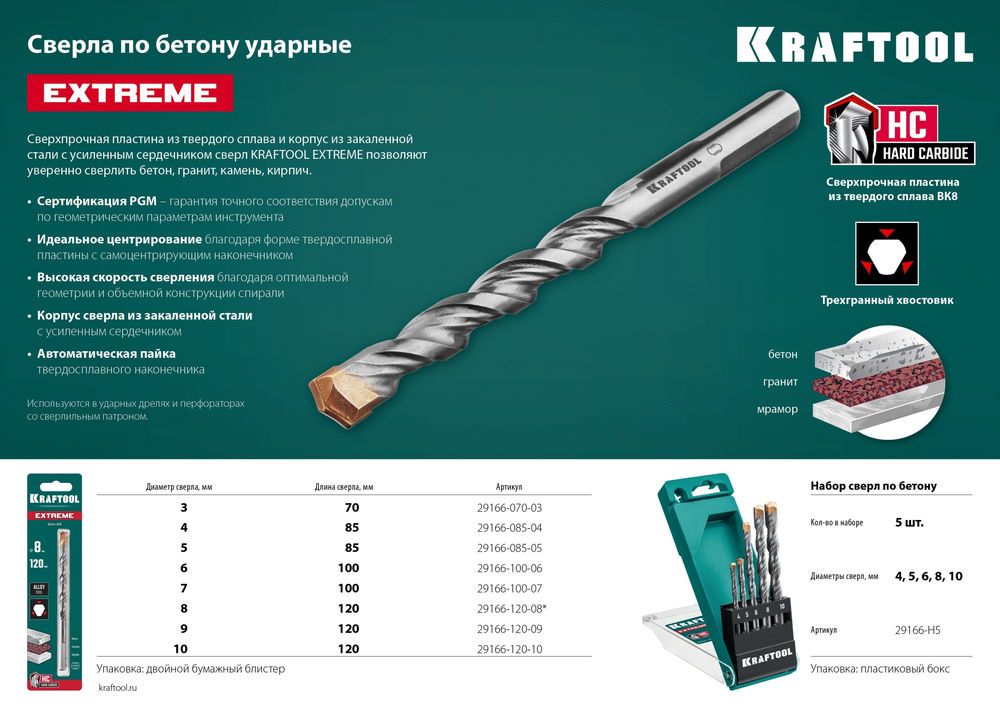 Сверло по бетону Extreme, 9 х 120 мм, трехгранный хвостовик KRAFTOOL 29166-120-09