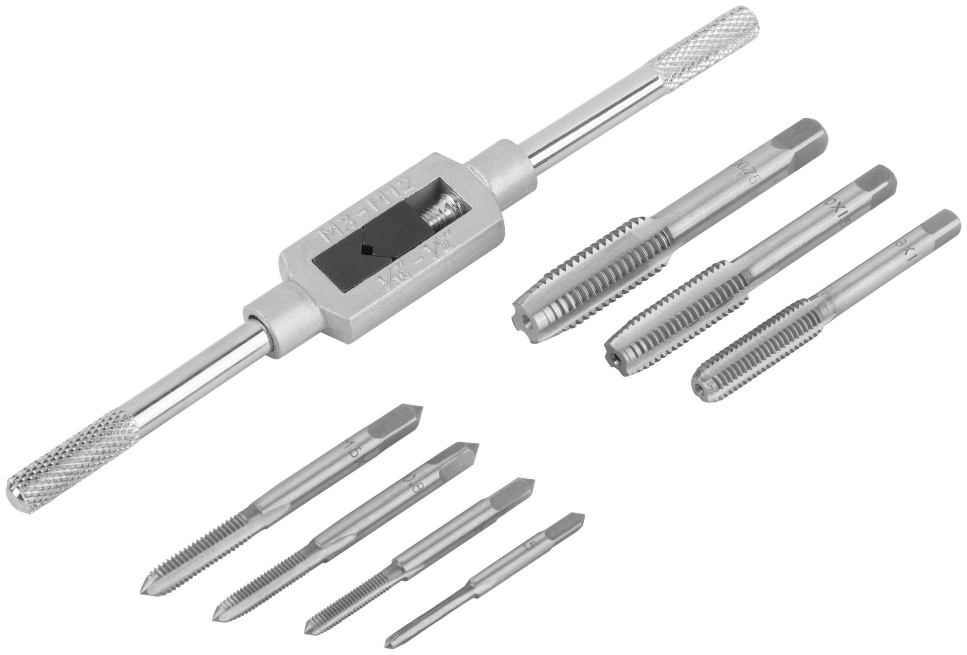 Метчики, легированная сталь Профи 7 шт. М3-М12, метчикодержатель универсальный, блистер