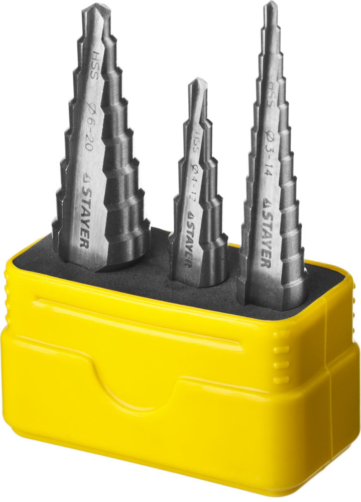 Сверла ступенчатые набор 3 шт, 3-20 мм, сталь HSS STAYER 29660-3-20-H3