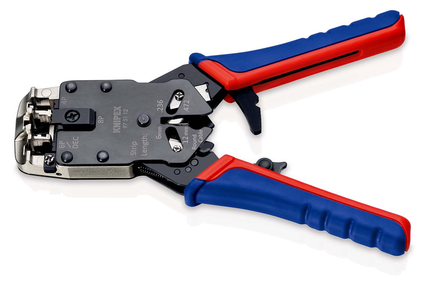 Пресс-клещи для штекеров RJ, 3 гнезда, RJ 10 (4-pin), RJ 11/12 (6-pin), RJ 45 (8-pin), 200 мм, SB (KN-975112SB)
