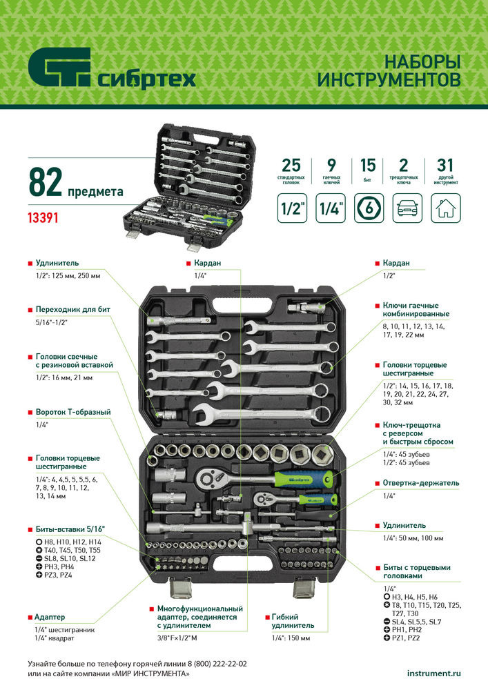 Набор инструментов, 1/2, 1/4, пластиковый кейс, 82 предмета Сибртех