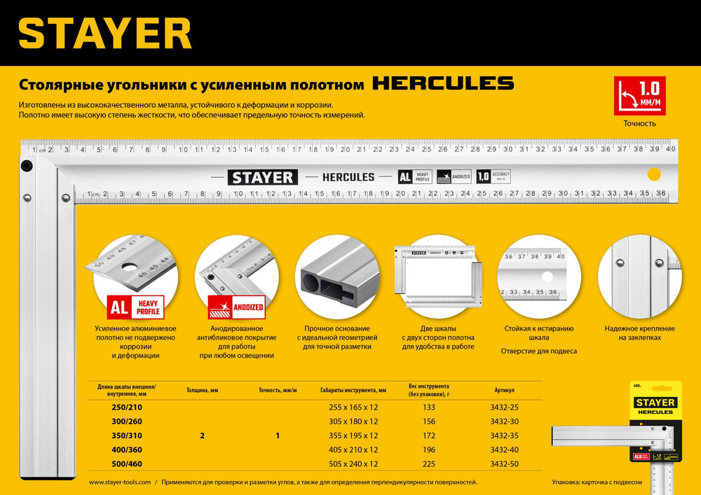 Угольник столярный 500 мм, жесткий STAYER Professional 3432-50