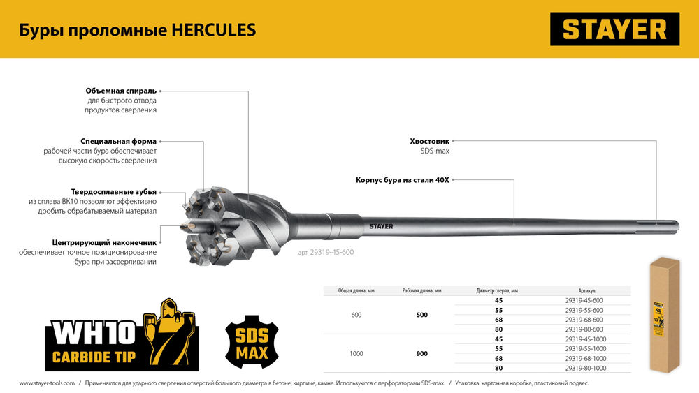 Бур проломной SDS-max PROFESSIONAL HERCULES-4Х STAYER d45x900/1000 мм 29319-45-1000  