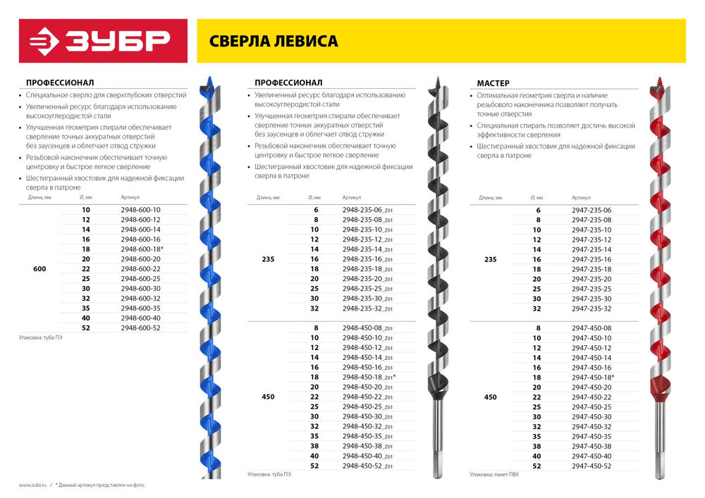 Сверло левиса по дереву 40?450/360 мм шестигранный хвостовик ЗУБР 2947-450-40