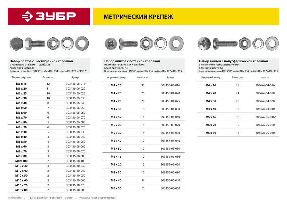Винт с гайкой и шайбами M4?25 мм DIN 965 цинк 20 шт ЗУБР 303456-04-025