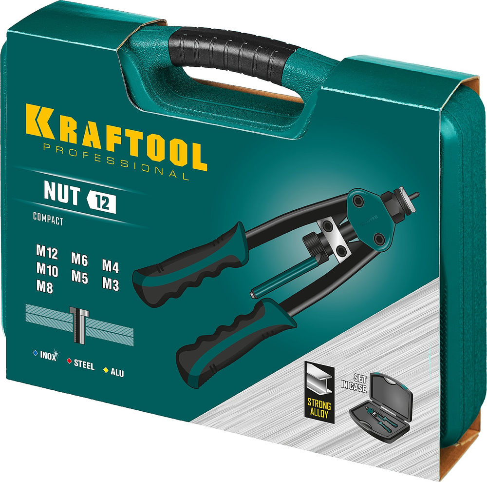 Резьбовой двуручный заклепочник NUT-12, М3–М12, в кейсе KRAFTOOL 31183