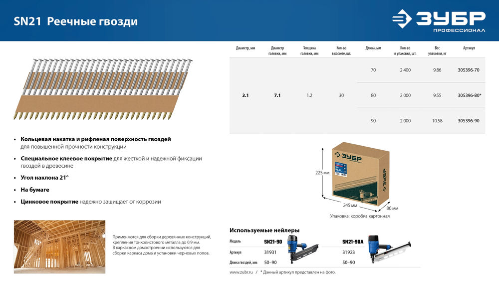Гвозди реечные рифленые оцинкованные SN21 90 x 3.1 мм, 2010 шт ЗУБР 305396-90