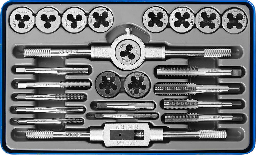 Набор метчиков и плашек 24 предмета сталь Р6М5 Профессионал ЗУБР 28110-H24