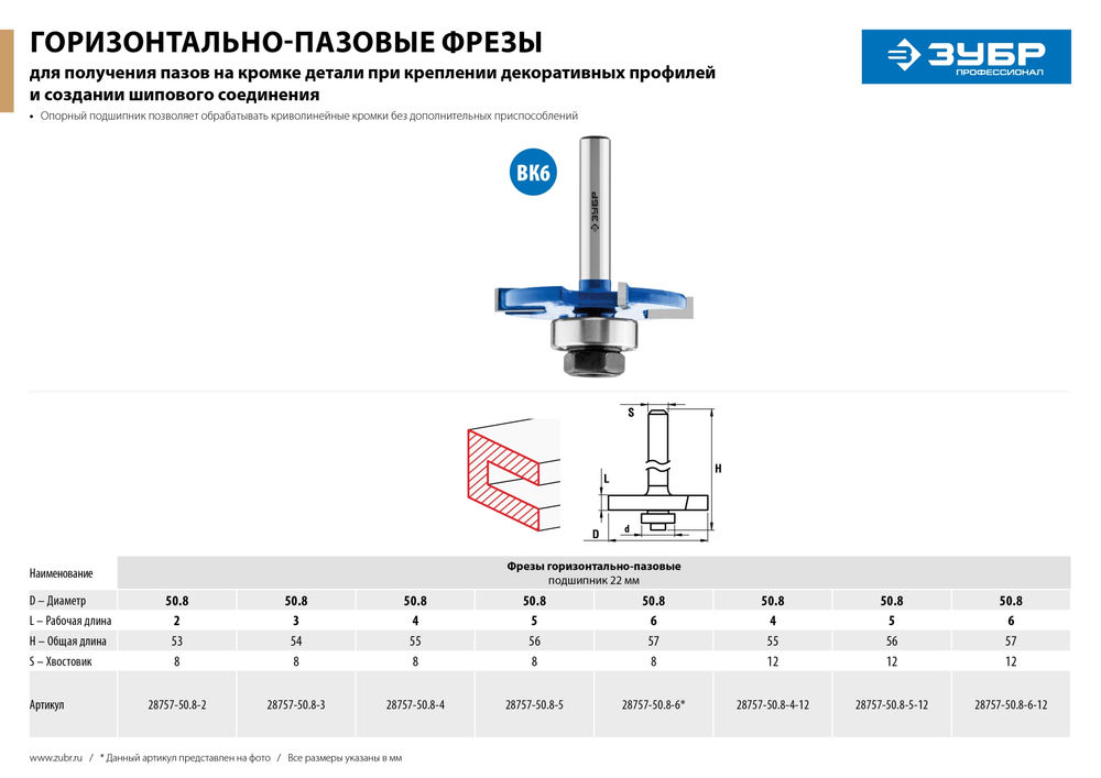 Фреза горизонтально-пазовая 50.8 x 5 мм, хвостовик 8 мм ЗУБР Профессионал 28757-50.8-5