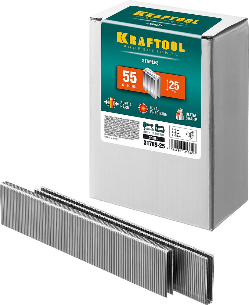 Скобы тип 55 (90/C), 25 мм, калибр 18GA, 5000 шт KRAFTOOL 31789-25