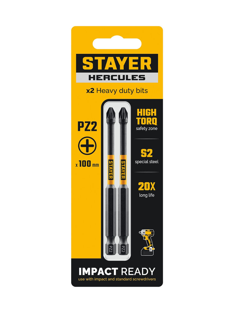 Биты торсионные HERCULES, PZ2, 100 мм, 2 шт STAYER 26233-2-100-2