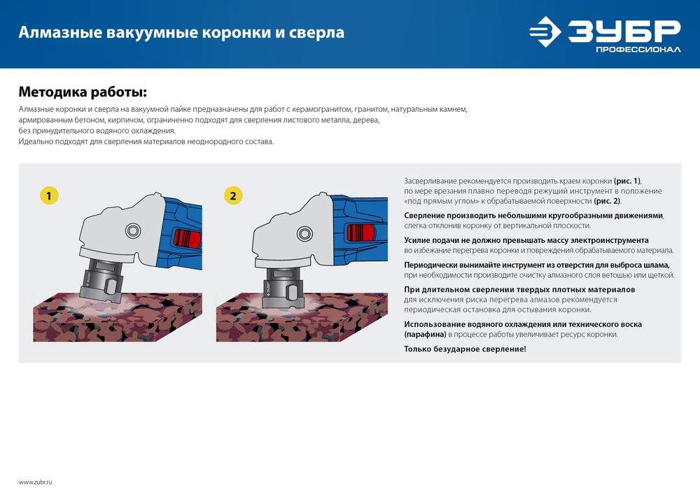 Коронка алмазная вакуумная АВК, d 32 мм, М14, 15 мм кромка ЗУБР Профессионал 29865-32