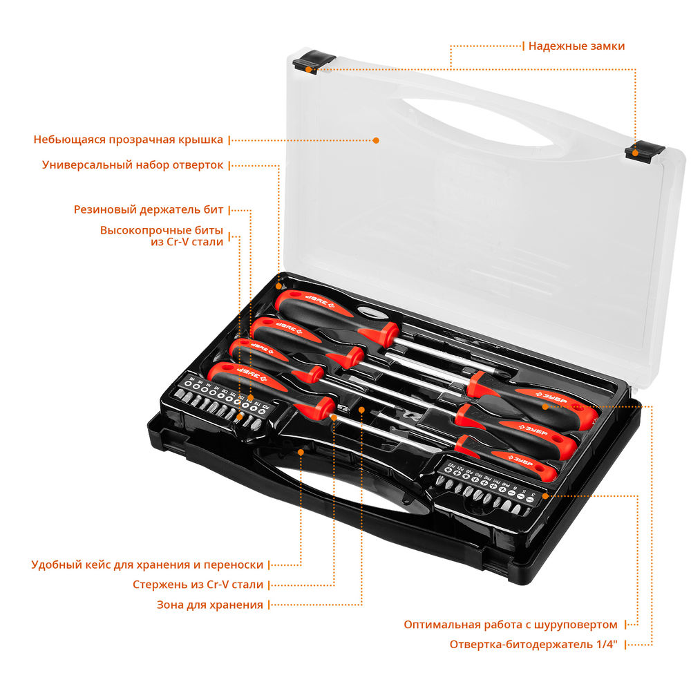 Набор отверток с насадками 27 предм. ЗУБР Универсал-27 25027