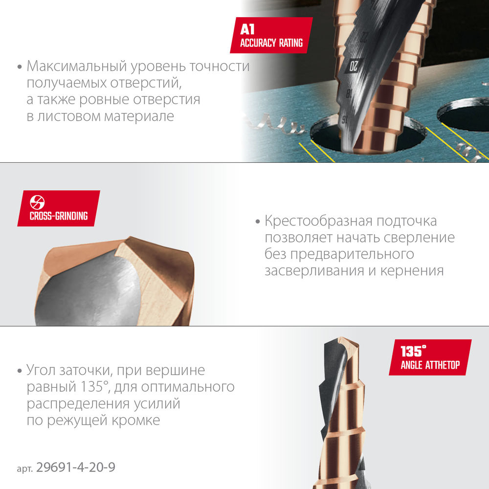 Сверло ступенчатое COBALT, 4–20 мм, 9 ступеней, азотирование, винтовая спираль KRAFTOOL 29691-4-20-9