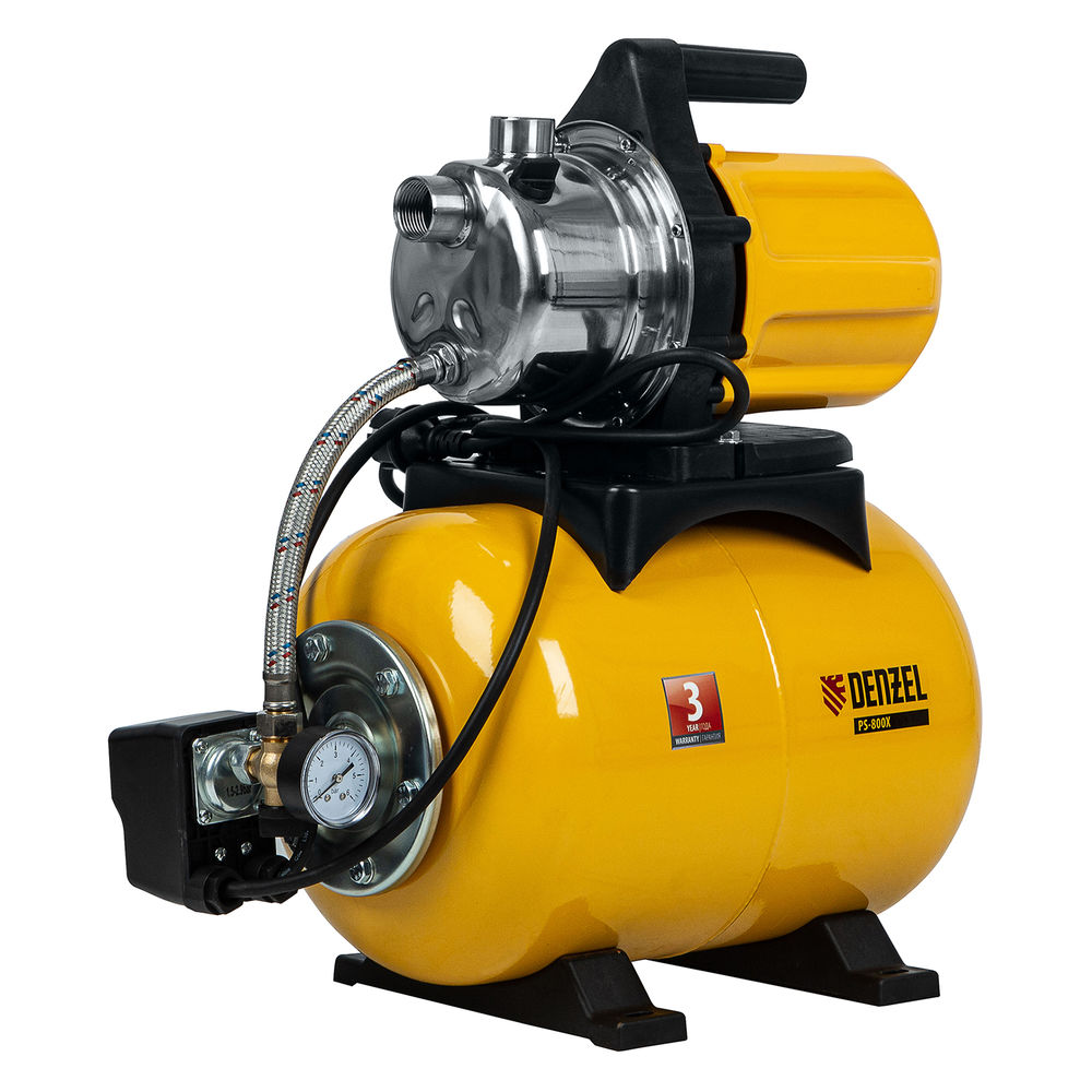 Насосная станция PS800X, 800 Вт, 3200 л/ч, ресивер 24 л, подъем 38 м, нержавейка Denzel (97210)