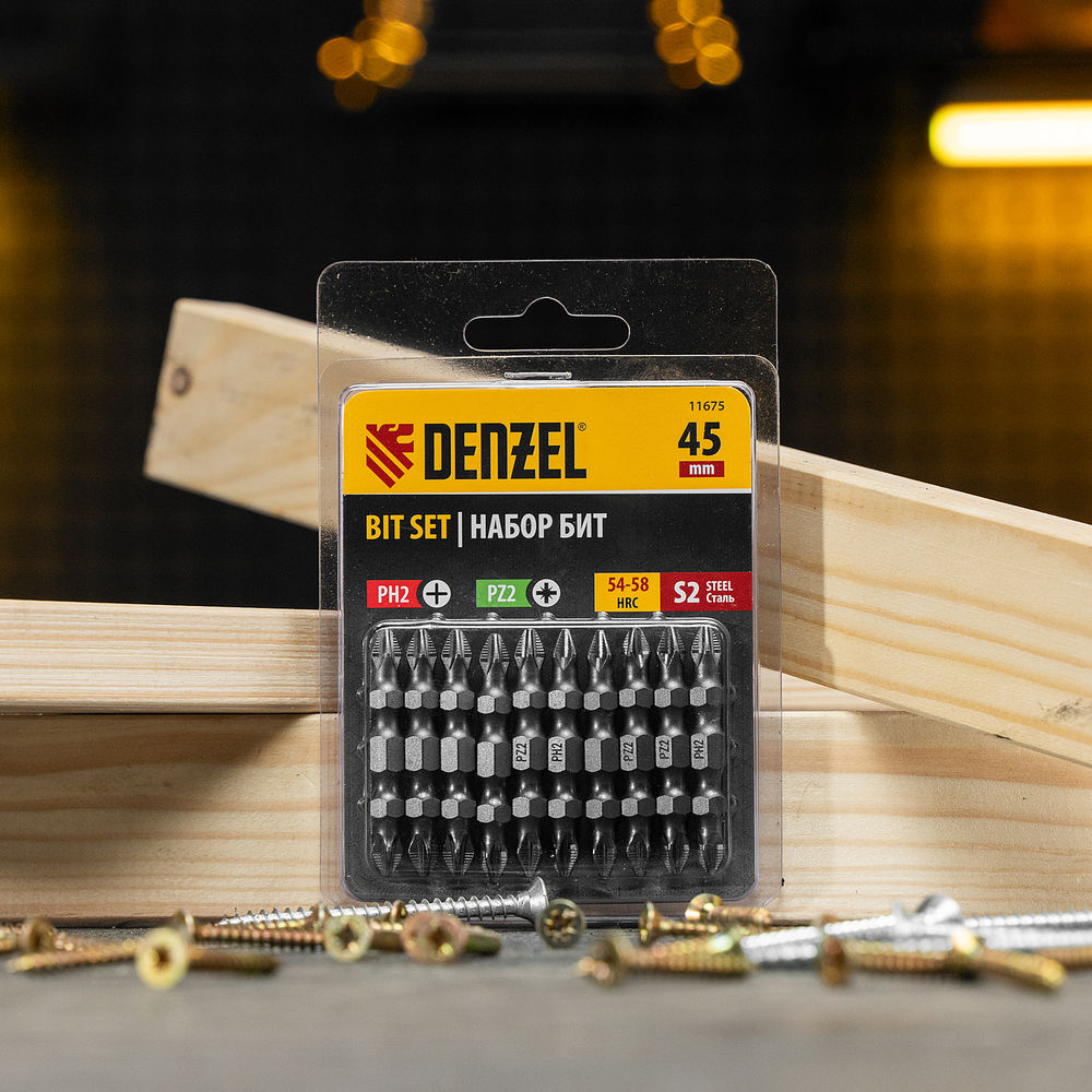 Бита двухсторонняя, PH2-PZ2 х 45 мм, сталь S2, 10 шт. Denzel (11675)