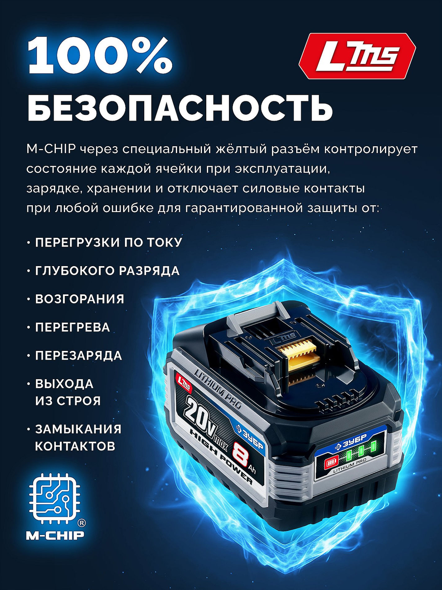 ЗУБР High Power, 20 В, 8.0 А·ч, аккумулятор LMS, ПРОФЕССИОНАЛ (BP-H-20-8)