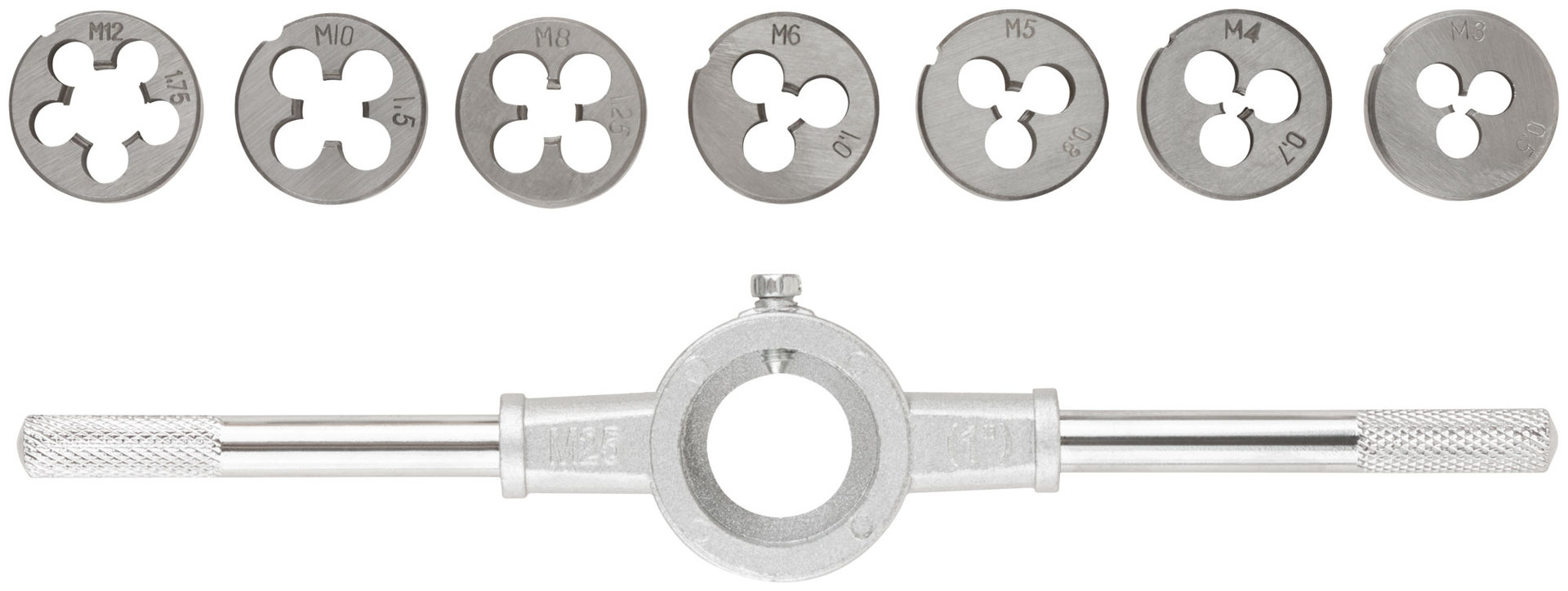 Плашки метрические, легированная сталь Профи 8 шт. М3-М12, плашкодержатель, блистер (70803)