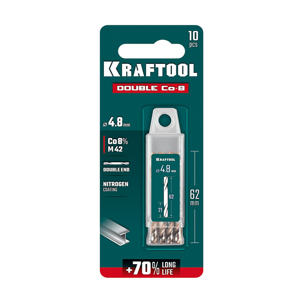 Сверло двухстороннее 4.8?62 мм по металлу DOUBLE Сo-8 сталь M42+8%Co класс А KRAFTOOL 29654-4.8-10
