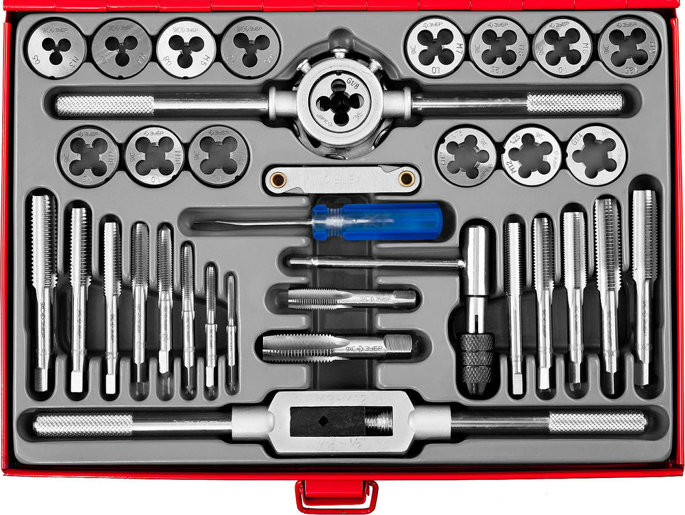 Набор метчиков и плашек 35 предм. сталь 9ХС ЗУБР 28117-H35