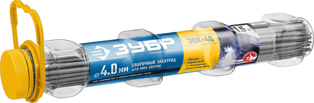 Электрод сварочный ЗОК-46 рутил-целлюлозный D 4.0 x 350 мм, 1.5 кг в ПВХ тубе ЗУБР Профессионал 40031-4.0
