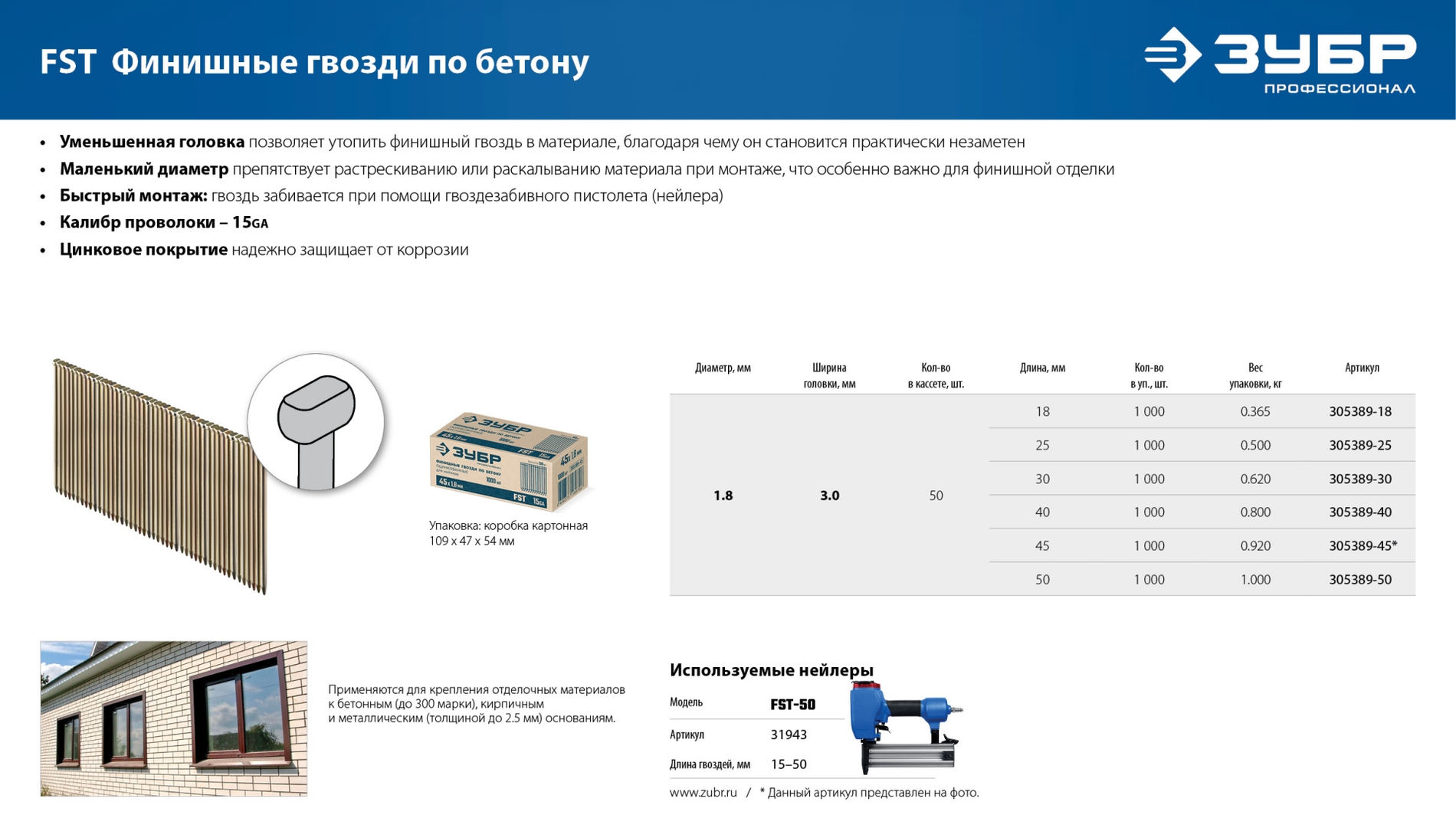 ЗУБР FST 45 х 1.8 мм, финишные гвозди по бетону оцинкованные, калибр 15GA, 1000 шт (305389-45)
