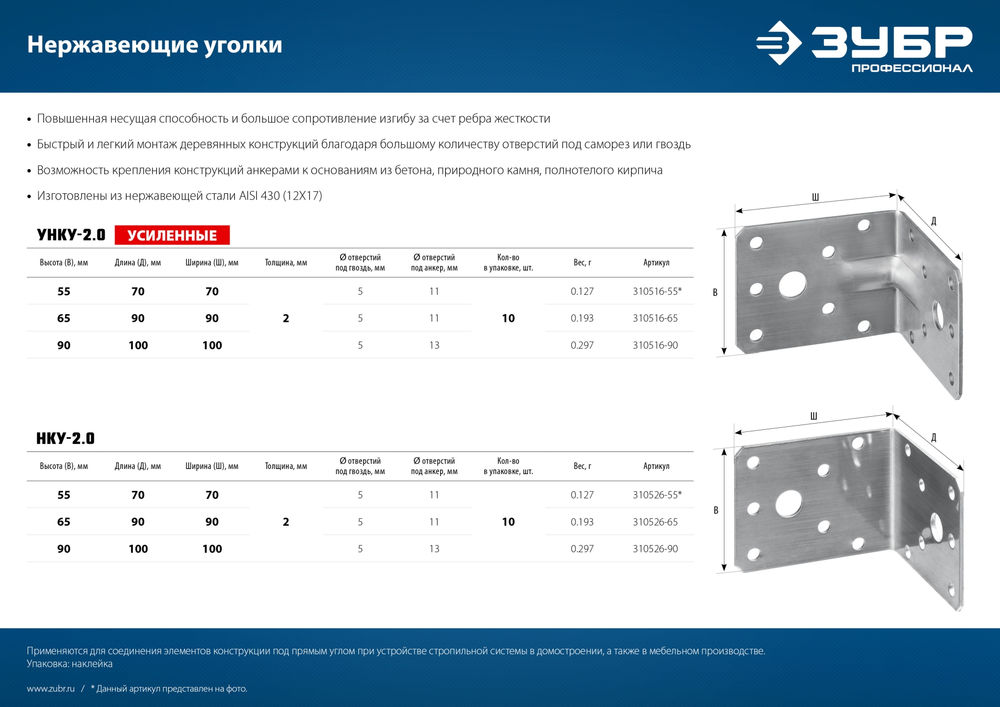Крепежный уголок нержавеющий НКУ-2.0, 90 x 100 x 100 x 2 мм ЗУБР Профессионал 310526-90