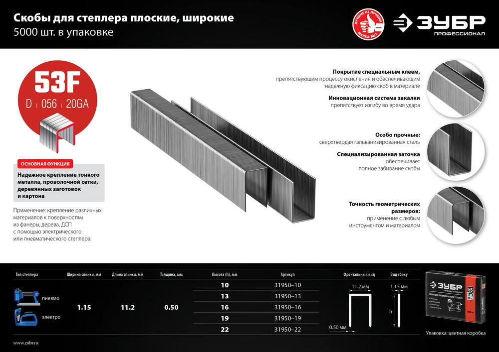 Скобы 19 мм, тип 53F (D/056), калибр 23GA, 5000 шт Профессионал ЗУБР 31950-19