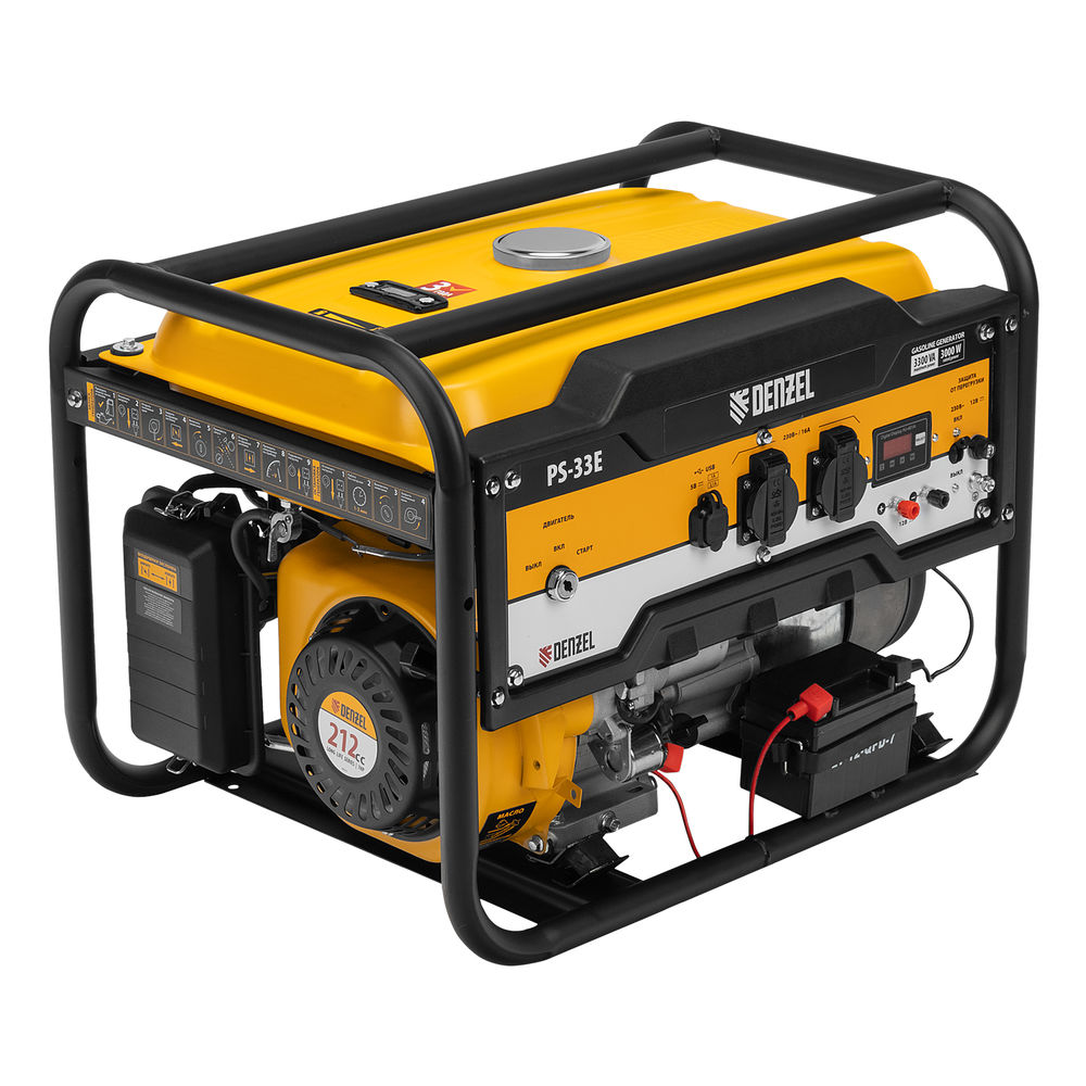Генератор бензиновый PS-33E, 3.3 кВт, 230В, 15 л, электростартер Denzel (94537)