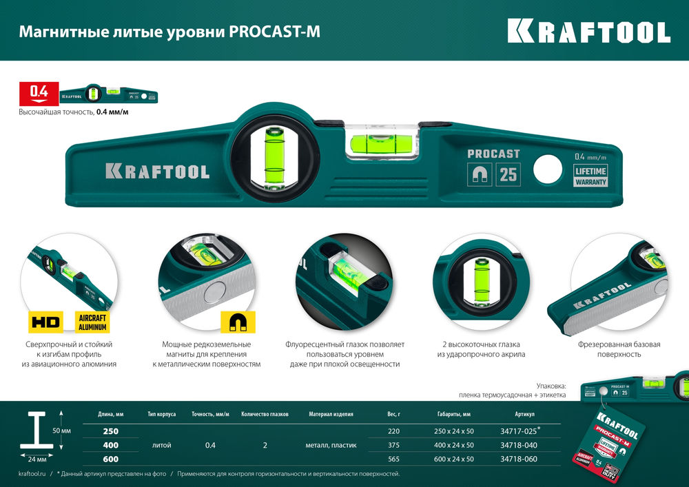 Магнитный литой уровень PROCAST-M, 400 мм KRAFTOOL 34718-040