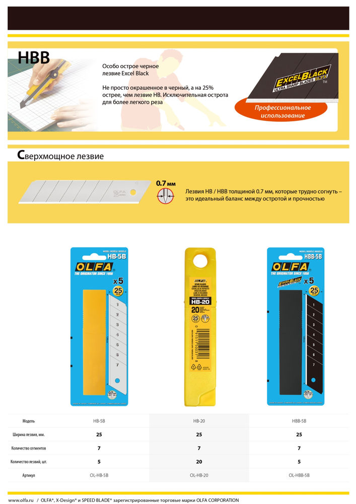 Сегментированные лезвия 25 мм, 20 шт, в пластиковом кейсе OLFA OL-HB-20