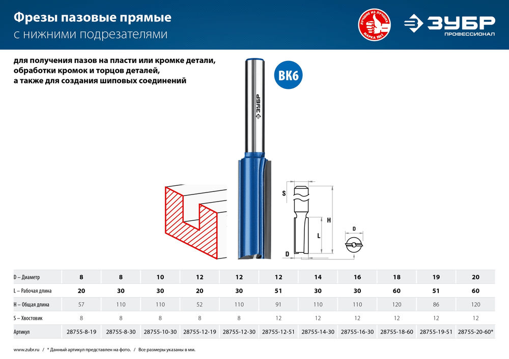 Фреза пазовая прямая 12?30 мм с нижними подрезателями хвостовик 8 мм ЗУБР Профессионал 28755-12-30