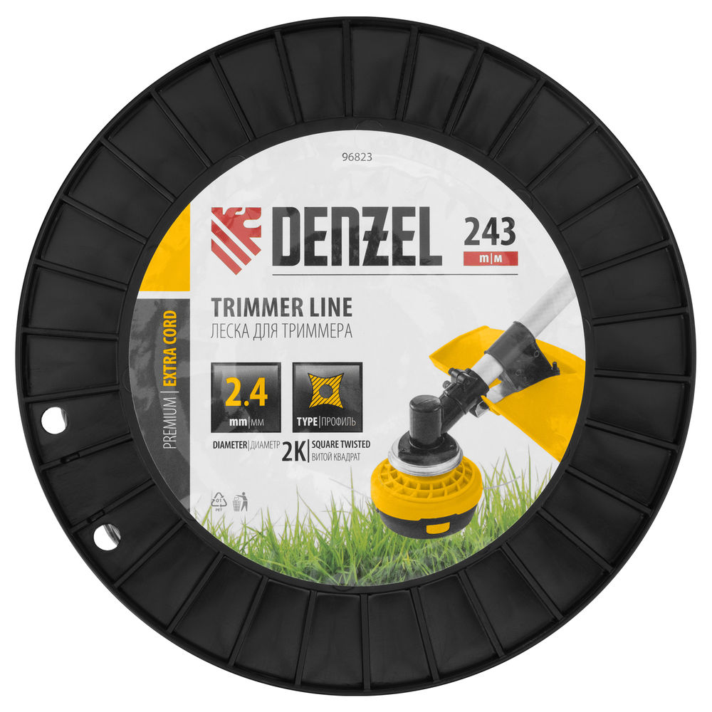 Леска для триммера двухкомпонентная витой квадрат, 2,4мм х 243м, на DIN катушке EXTRA CORD Denzel (96823)