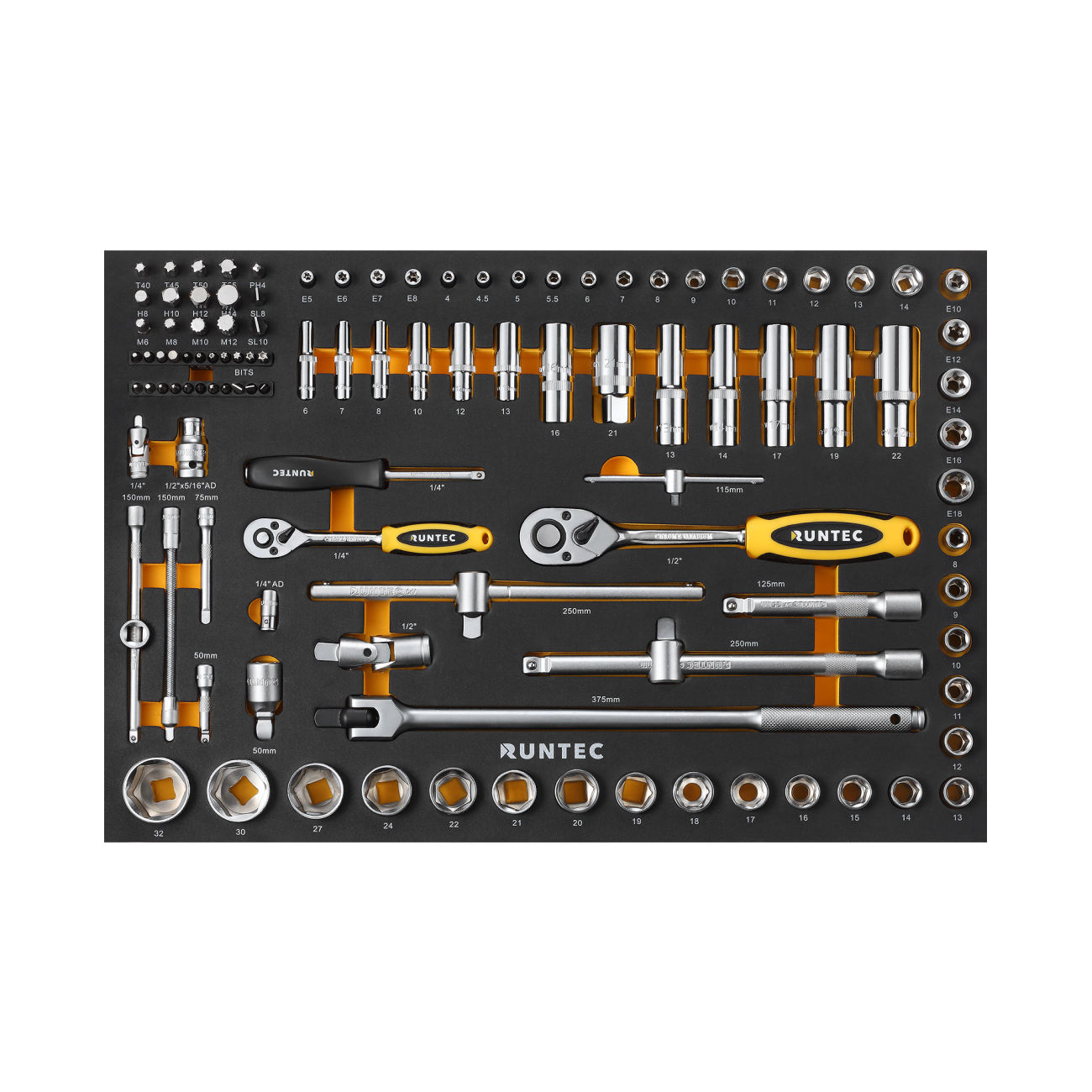 RUNTEC RT-HT1E110 Набор торцевых головок с аксессуарами RUNTEC 1/2, 1/4 в ложементе EVA, 110 предметов (RT-HT1E110)