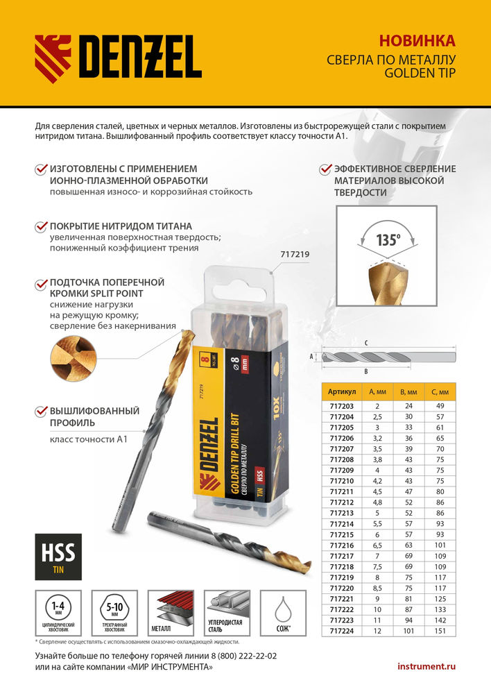 Сверло по металлу, 7 мм, HSS-Tin, Golden Tip, 10 шт. Denzel (717217)