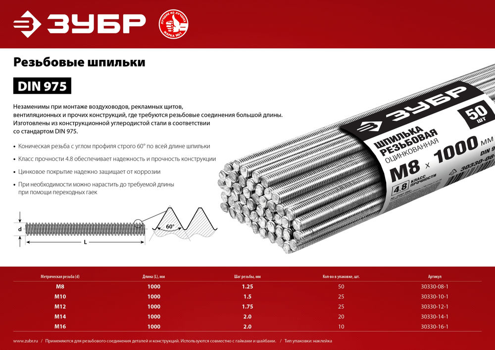 Резьбовая шпилька М10 x 1000 мм, кл. пр. 4.8, цинк, 25 шт ЗУБР DIN 975 30330-10-1