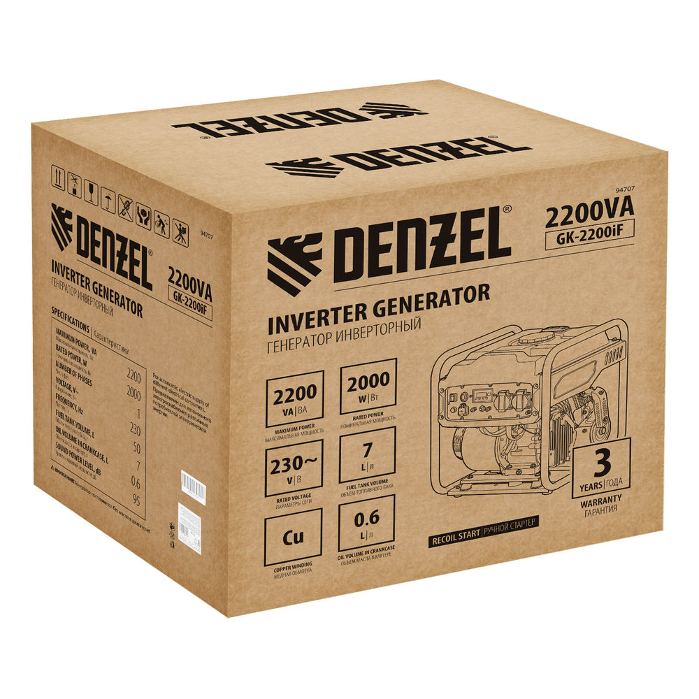Генератор инверторный GK-2200iF, 2,2 кВт, 230 В, ручной старт DENZEL (94707)