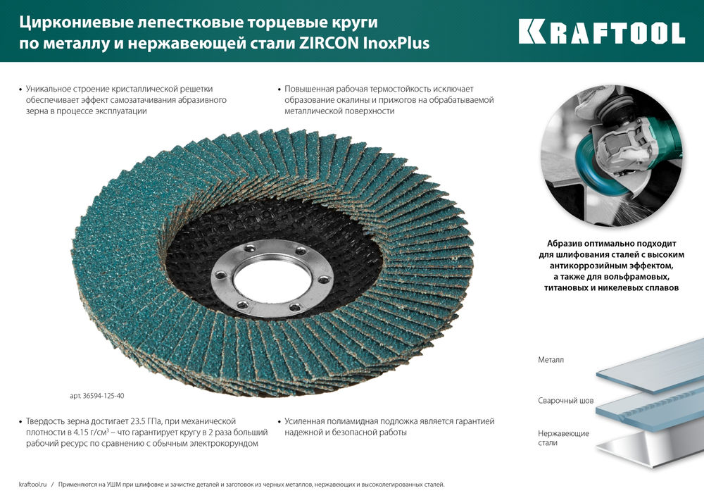 Круг лепестковый циркониевый торцевой по металлу и нержавеющей стали, 125 х 22.2 мм, P40 KRAFTOOL 36594-125-40