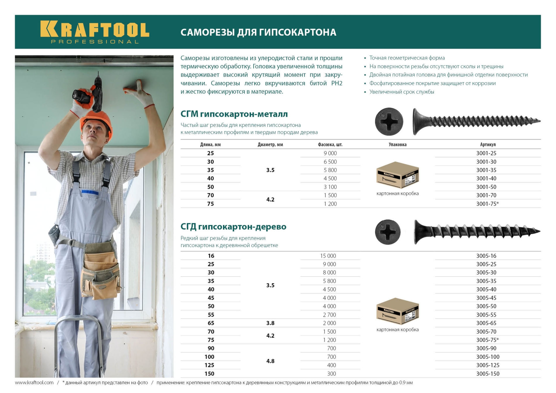 KRAFTOOL СГД, 30 х 3.5 мм, фосфатированное покрытие, 8000 шт (12,44 кг.), саморез гипсокартон-дерево (3005-30)